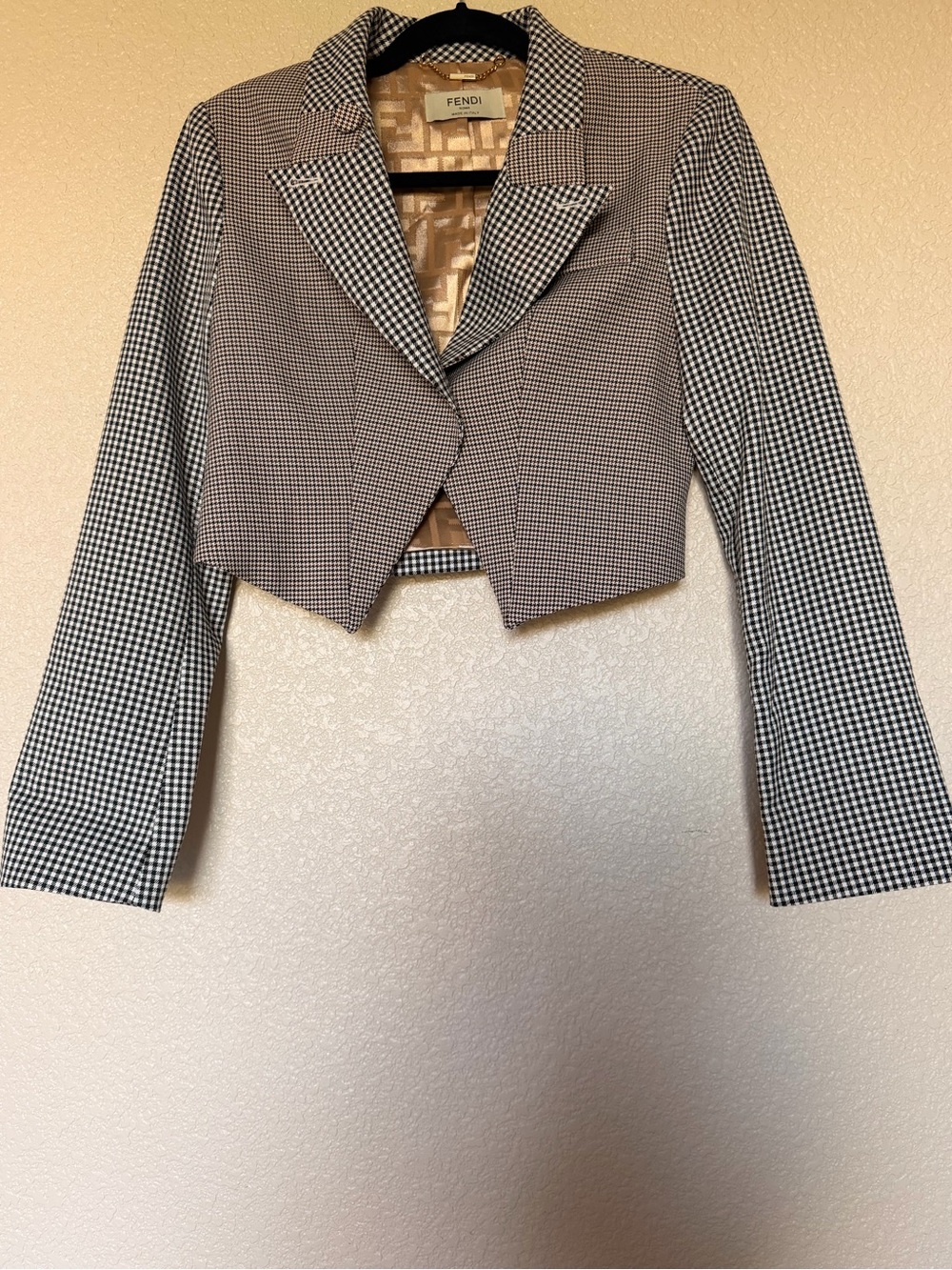 Fendi Black and White Cropped Houndstooth Blazer Jacket